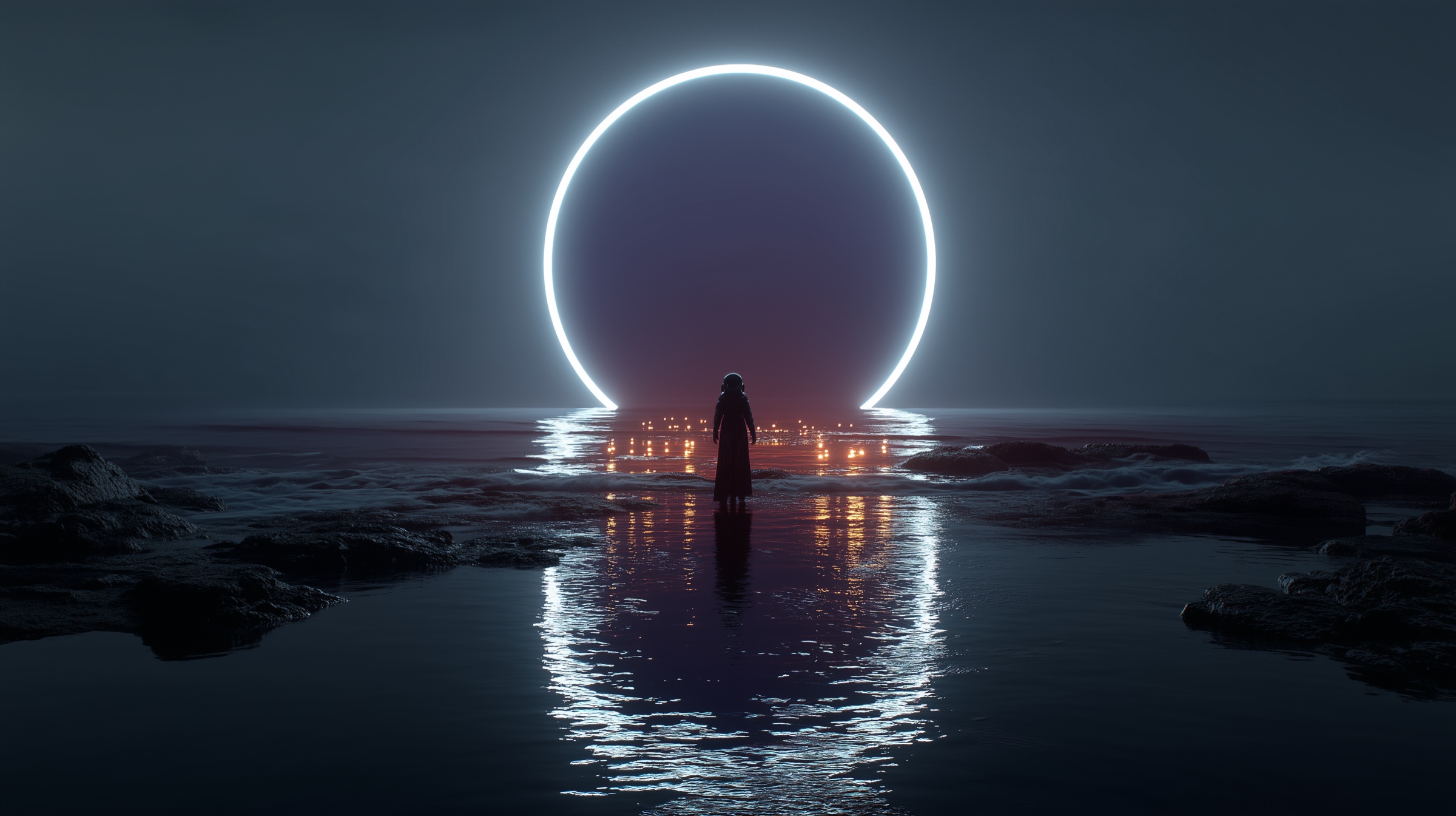 A solitary figure facing an impossible luminous horizon at the edge of a dark sea